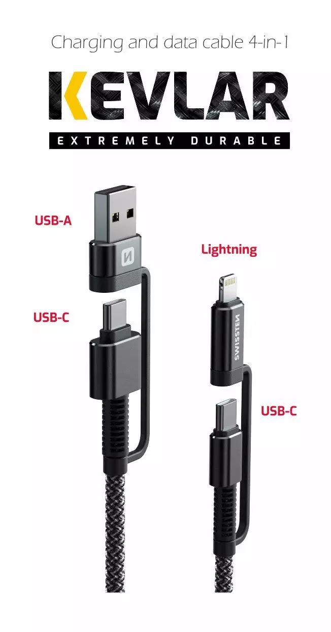 CABLE SWISSTEN KEVLAR 4in1 3A 1,5 M ANTRACIT