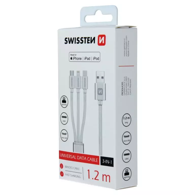 DATA CABLE SWISSTEN TEXTILE 3in1 MFi 1,2 M SILVER