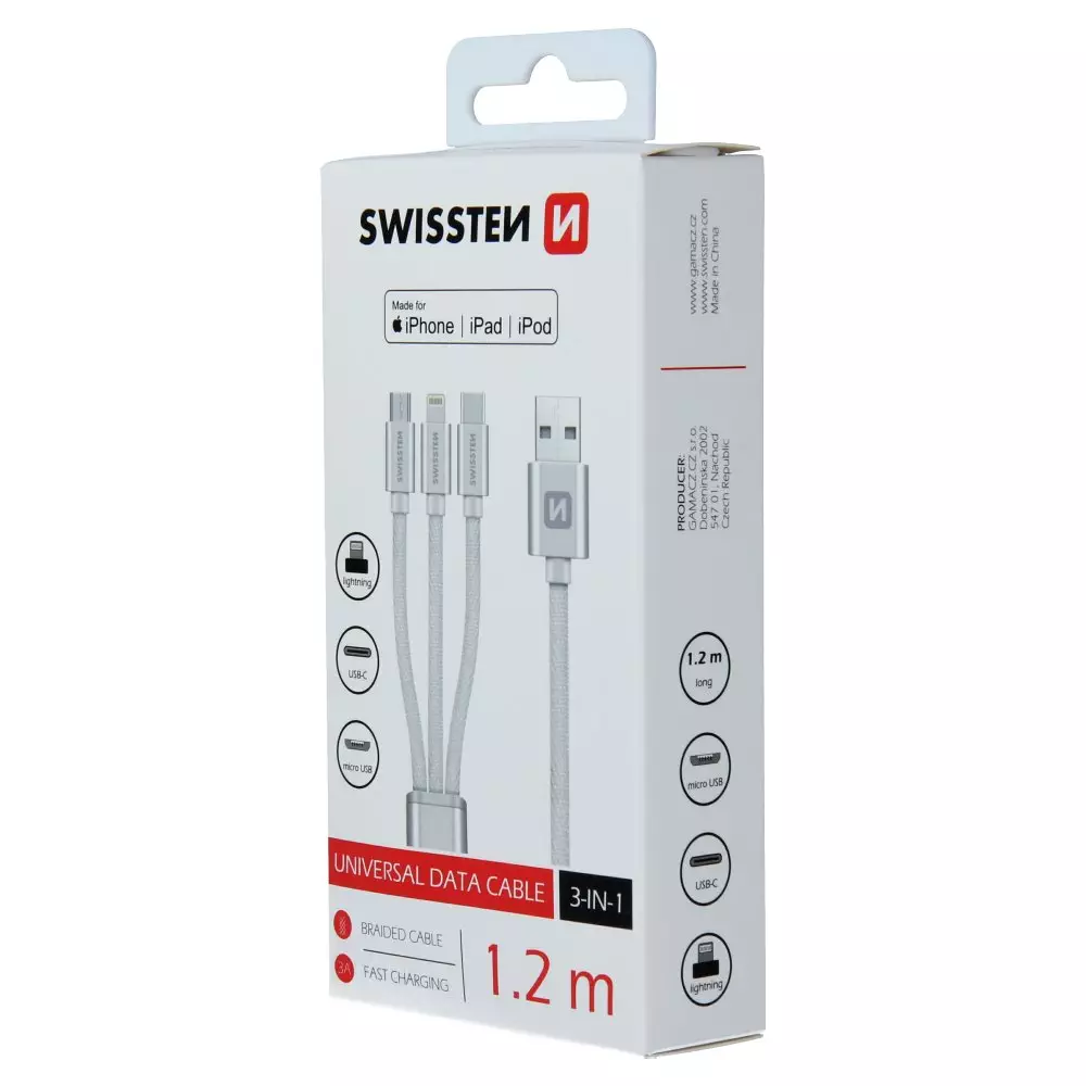 DATA CABLE SWISSTEN TEXTILE 3in1 MFi 1,2 M SILVER
