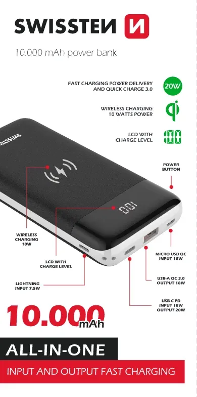 SWISSTEN ALL-IN-ONE WIRELESS POWER BANK 10000 mAh 