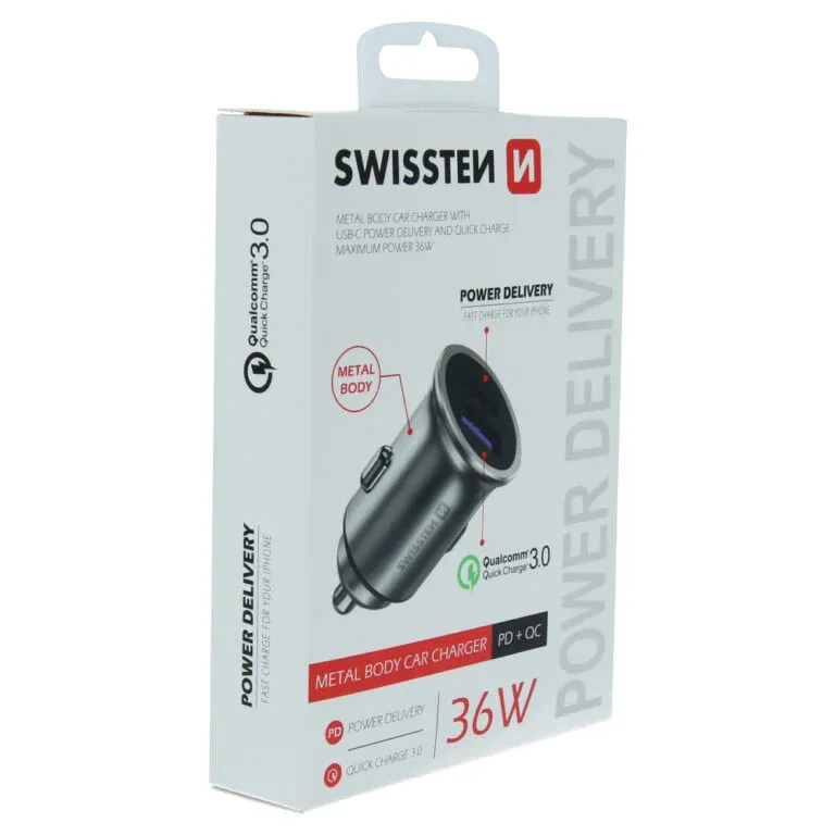 SWISSTEN CAR ADAPTER POWER DELIVERY USB-C + QUICK CHARGE 3.0 36W METAL SILVER