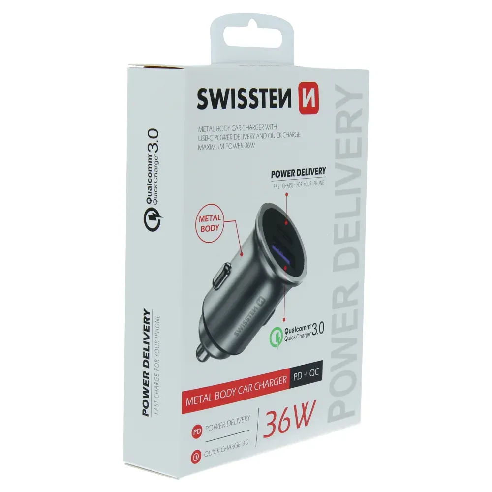 SWISSTEN CAR ADAPTER POWER DELIVERY USB-C + QUICK CHARGE 3.0 36W METAL SILVER