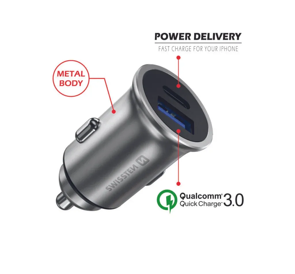 SWISSTEN CAR ADAPTER POWER DELIVERY USB-C + QUICK CHARGE 3.0 36W METAL SILVER
