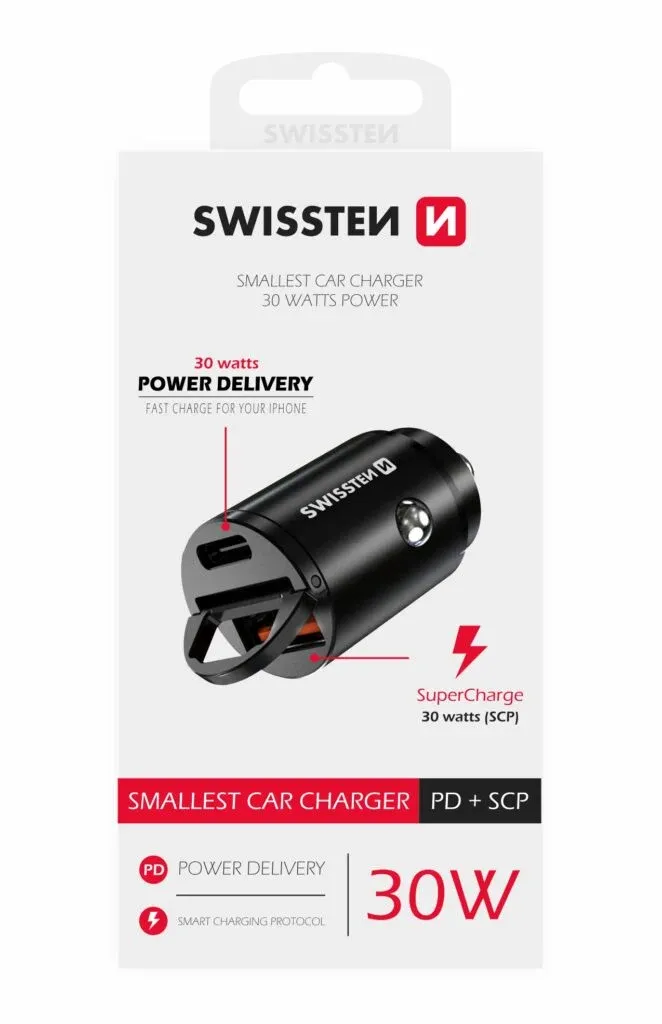 SWISSTEN CAR ADAPTER POWER DELIVERY USB-C + SUPER CHARGE 3.0 30W NANO BLACK