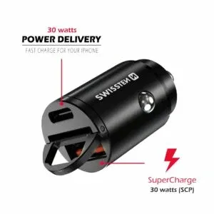 SWISSTEN CAR ADAPTER POWER DELIVERY USB-C + SUPER CHARGE 3.0 30W NANO BLACK