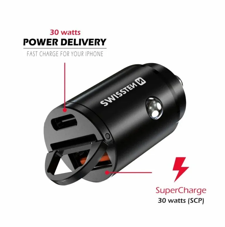 SWISSTEN CAR ADAPTER POWER DELIVERY USB-C + SUPER CHARGE 3.0 30W NANO BLACK