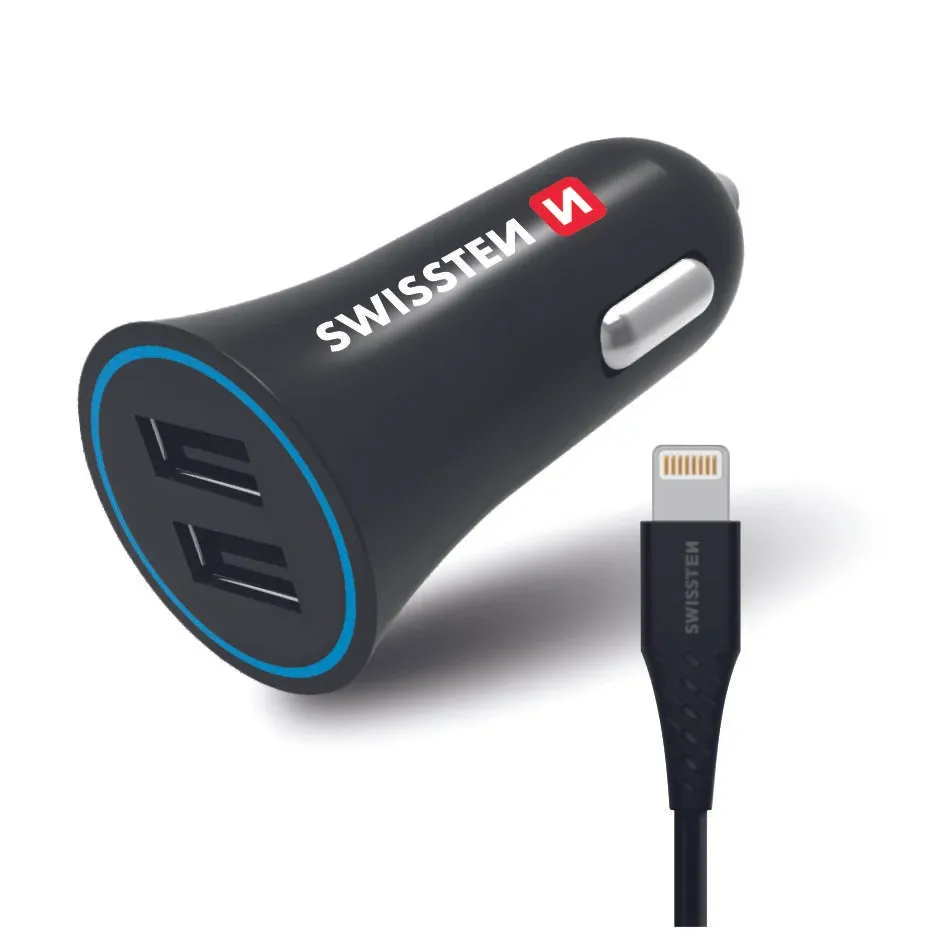 SWISSTEN CAR CHARGER 2,4A POWER WITH 2x USB + CABLE LIGHTNING