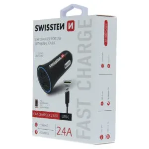 SWISSTEN CAR CHARGER 2,4A POWER WITH 2x USB + CABLE USB-C
