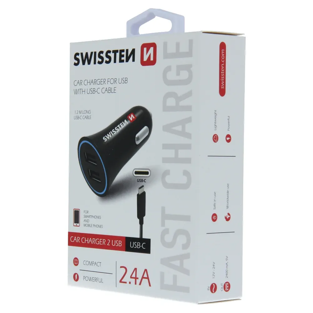 SWISSTEN CAR CHARGER 2,4A POWER WITH 2x USB + CABLE USB-C