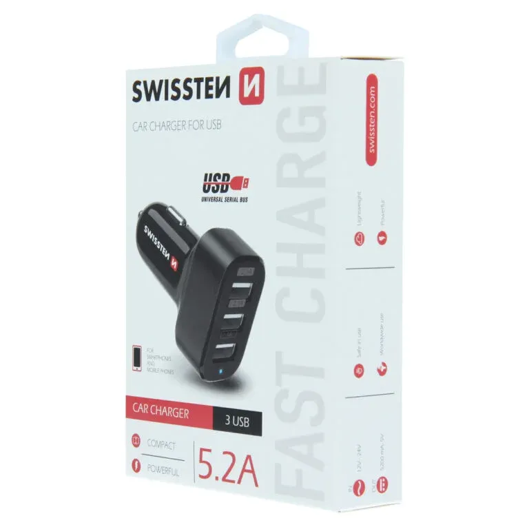 SWISSTEN CAR CHARGER WITH 3x USB 5,2A POWER