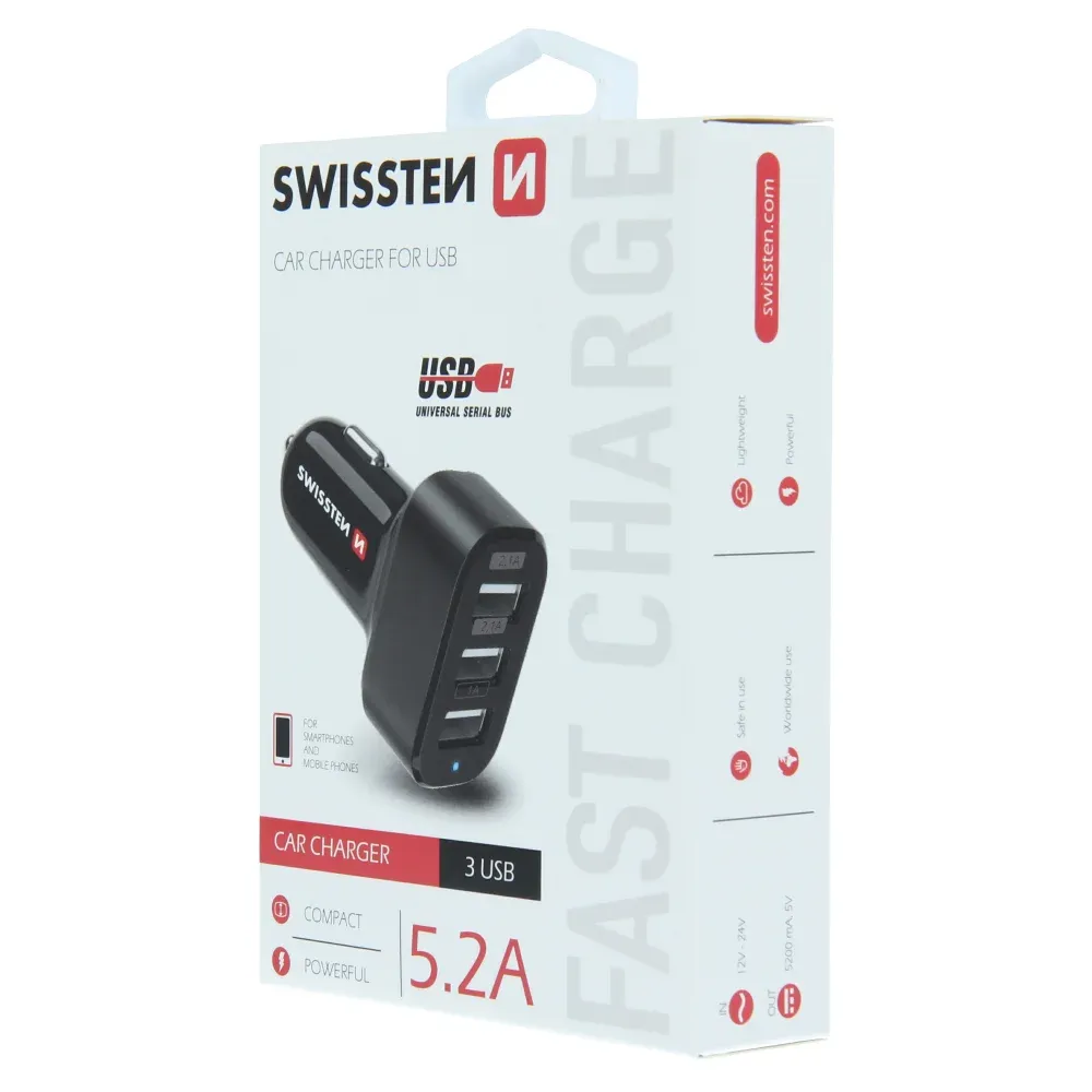 SWISSTEN CAR CHARGER WITH 3x USB 5,2A POWER