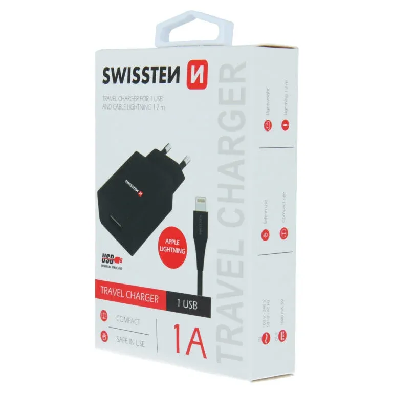 SWISSTEN CHARGER SMART IC, 1x USB 1 A POWER BLACK + DATA CABLE SWISSTEN USB / LIGHTNING 1,2 M BLACK