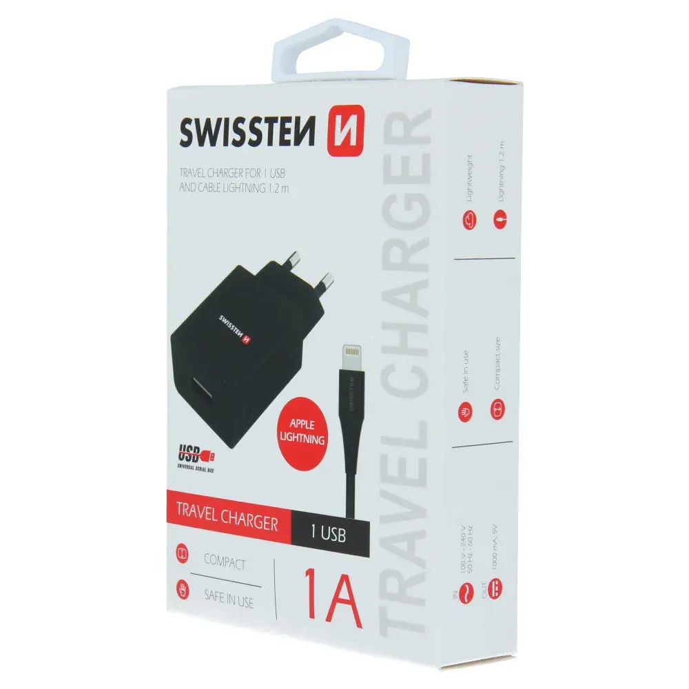 SWISSTEN CHARGER SMART IC, 1x USB 1 A POWER BLACK + DATA CABLE SWISSTEN USB / LIGHTNING 1,2 M BLACK