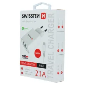 SWISSTEN CHARGER SMART IC, 2x USB 2,1 A POWER WHITE + DATA CABLE SWISSTEN USB / TYPE C 1,2 M WHITE