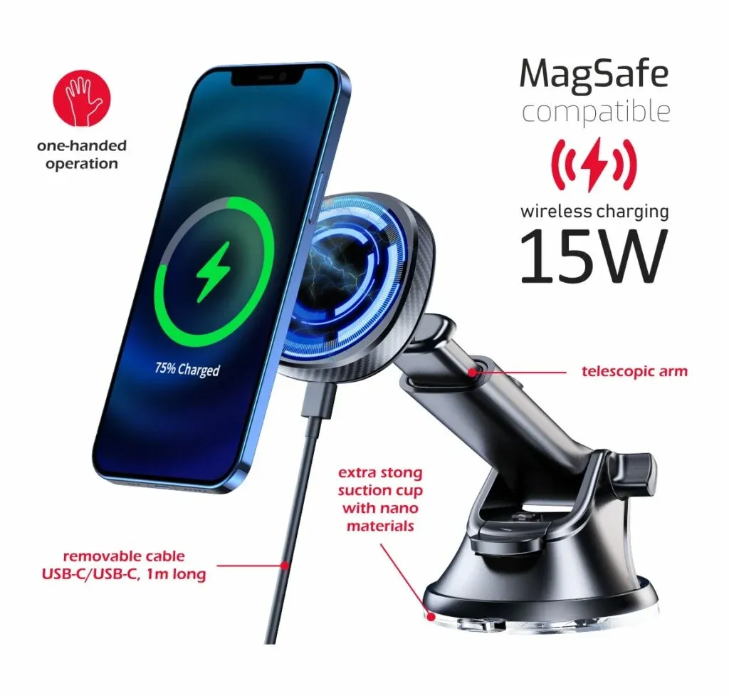 SWISSTEN MAGNETIC CAR HOLDER WITH WIRELESS CHARGER 15W DASHBOARD (MagSafe compatible