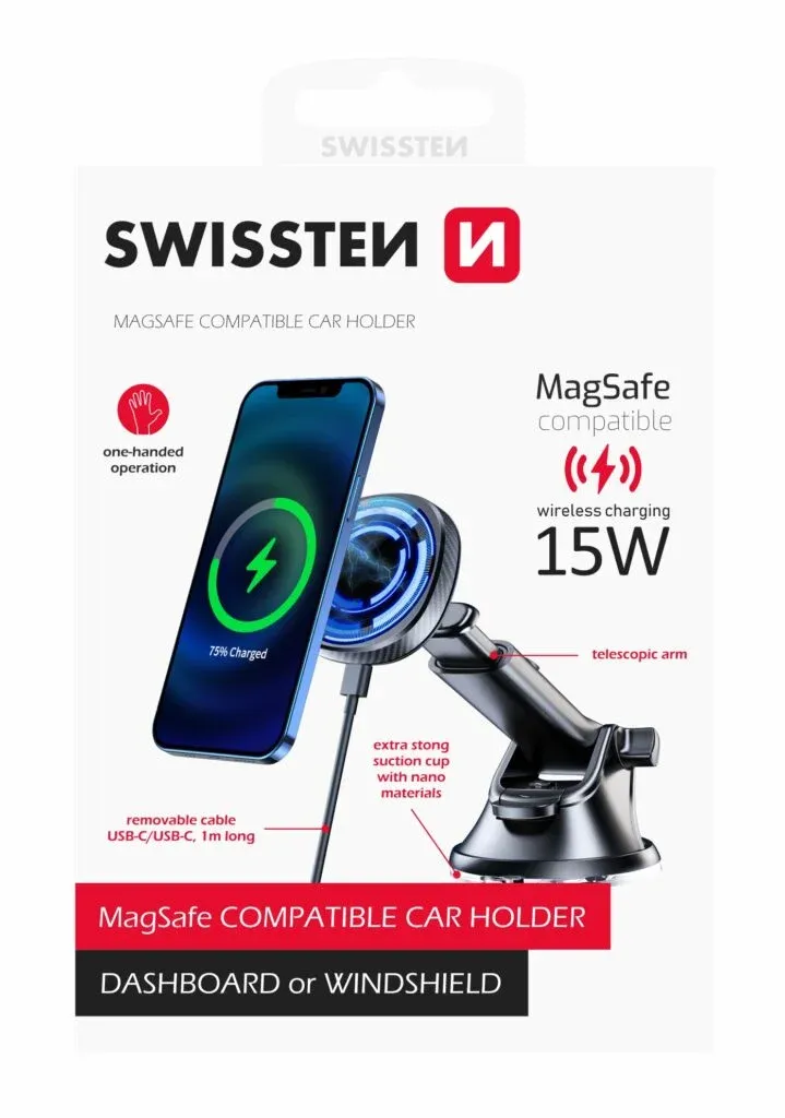 SWISSTEN MAGNETIC CAR HOLDER WITH WIRELESS CHARGER 15W DASHBOARD (MagSafe compatible