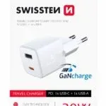 SWISSTEN MINI GaN TRAVEL CHARGER 1x USB-C + 1xUSB 30W POWER DELIVERY 