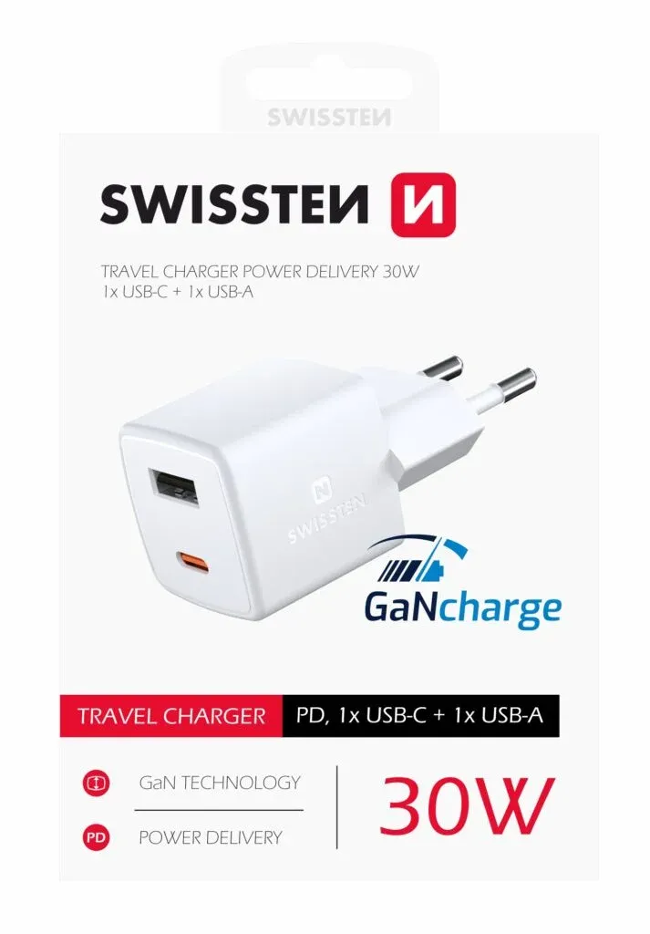 SWISSTEN MINI GaN TRAVEL CHARGER 1x USB-C + 1xUSB 30W POWER DELIVERY 