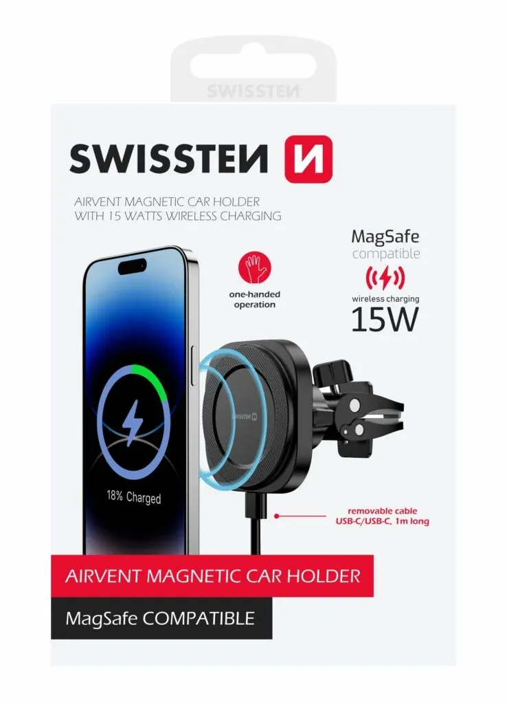 SWISSTEN MagStick COMPACT MAGNETIC CAR HOLDER WITH WIRELESS CHARGER 15W/7,5W(MagSafe compatible'