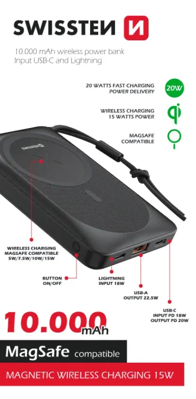 SWISSTEN POWER BANK (MagSafe compatible) 10000mAh