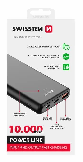 SWISSTEN POWER LINE POWER BANK 10000 mAh 20W POWER DELIVERY BLACK