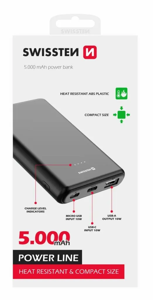 SWISSTEN POWER LINE POWER BANK 5000 mAh 10W BLACK