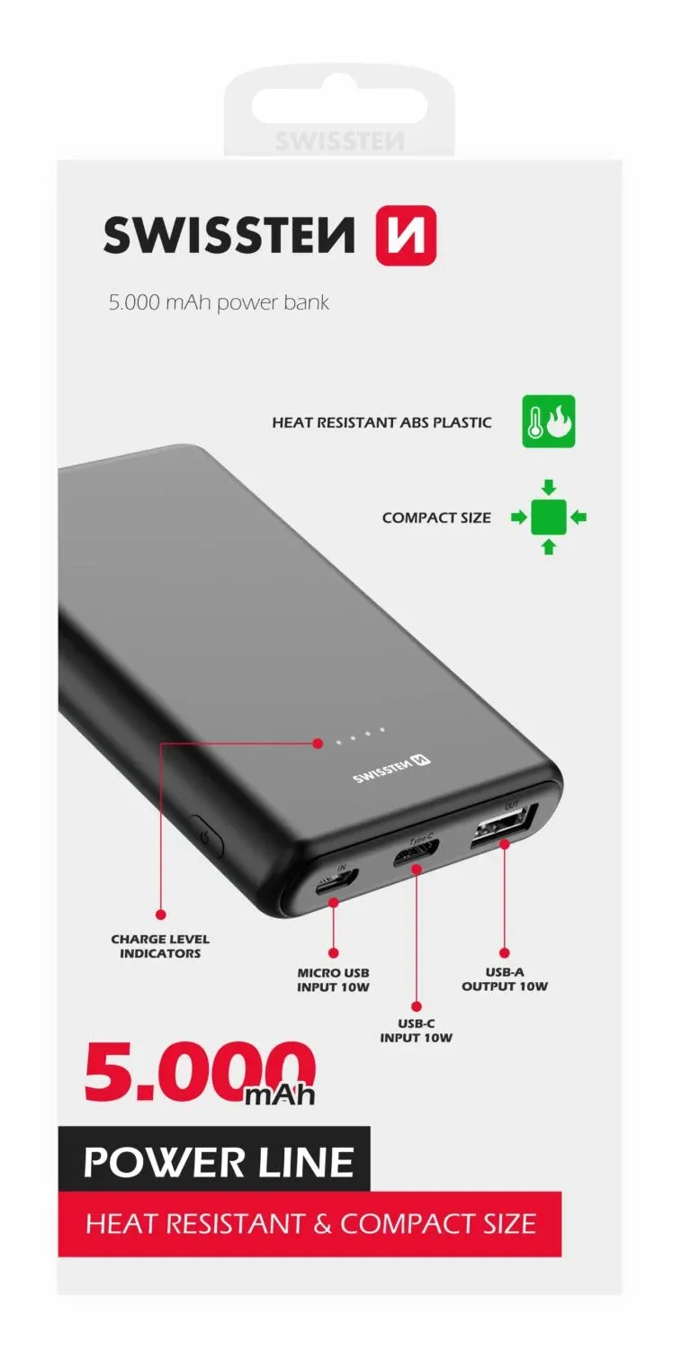 SWISSTEN POWER LINE POWER BANK 5000 mAh 10W BLACK