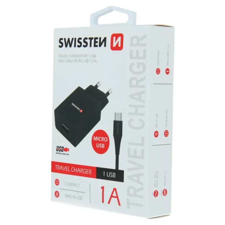 SWISSTEN TRAVEL CHARGER SMART IC, CE WITH 1x USB 1 A POWER BLACK + DATA CABLE SWISSTEN USB / MICRO USB 1,2 M BLACK