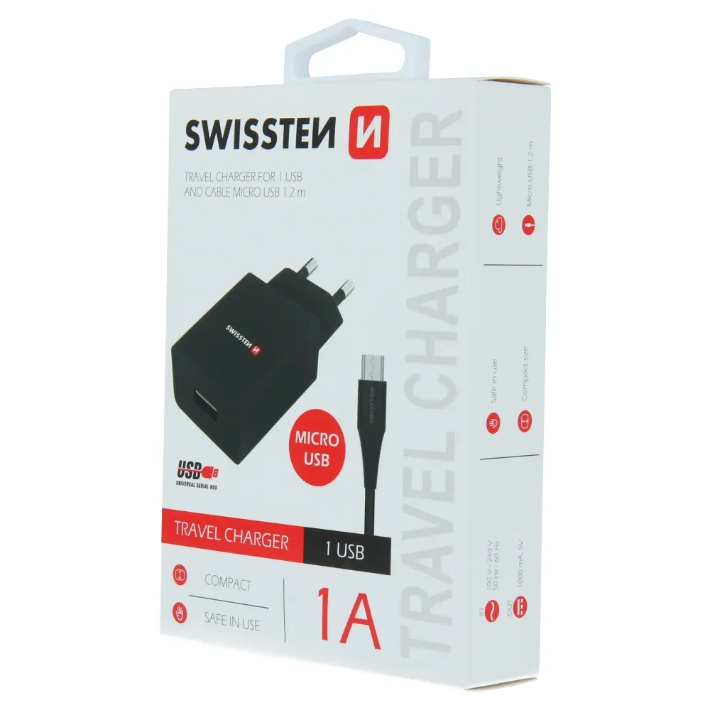 SWISSTEN TRAVEL CHARGER SMART IC, CE WITH 1x USB 1 A POWER BLACK + DATA CABLE SWISSTEN USB / MICRO USB 1,2 M BLACK