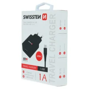 SWISSTEN TRAVEL CHARGER SMART IC, CE WITH 1x USB 1 A POWER BLACK + DATA CABLE SWISSTEN USB / TYPE C 1,2 M BLACK