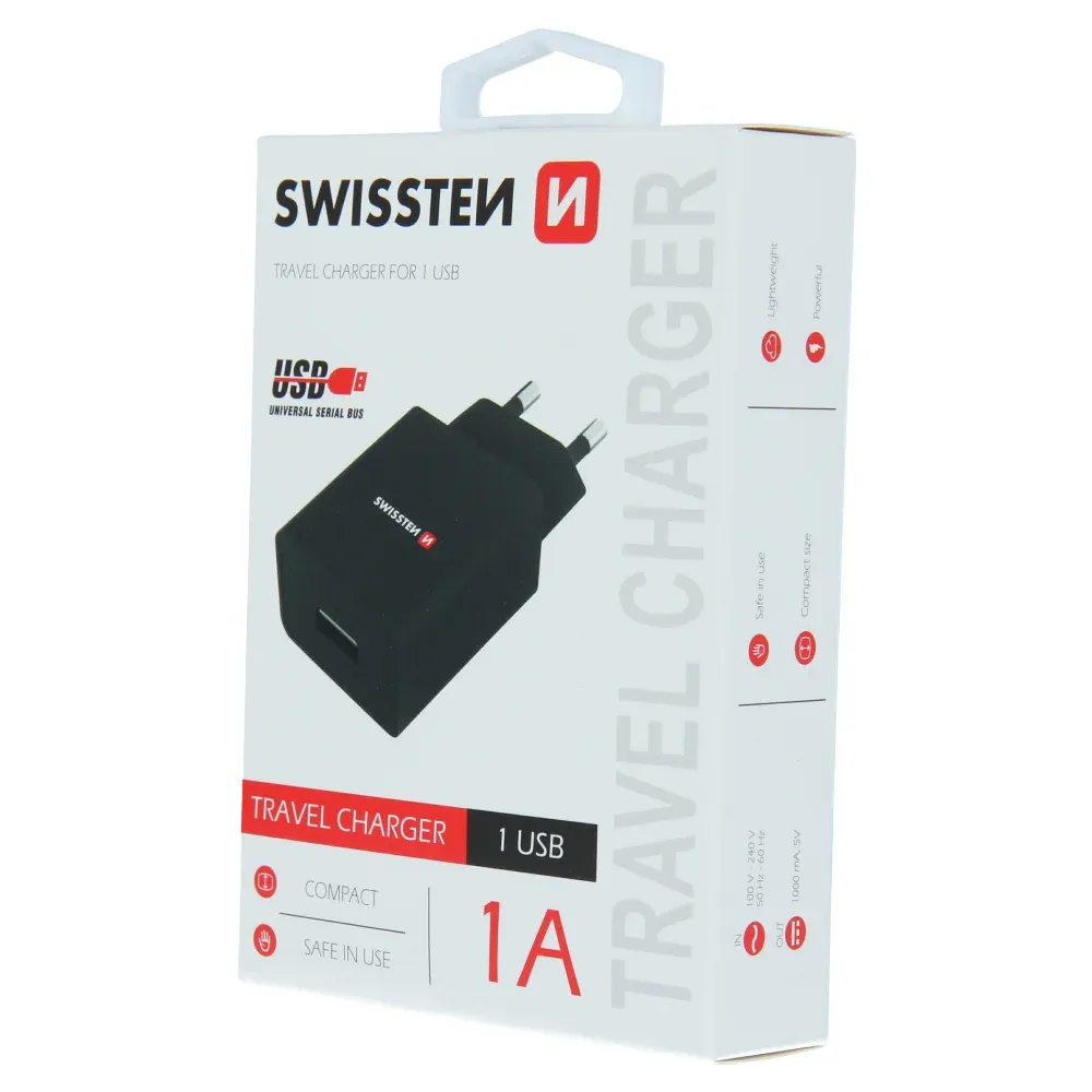 SWISSTEN TRAVEL CHARGER SMART IC, CE WITH 1x USB 1 A POWER BLACK