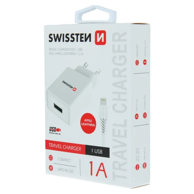 SWISSTEN CHARGER SMART IC, 1x USB 1 A POWER BLACK + DATA CABLE SWISSTEN USB / LIGHTNING 1,2 M WHITE