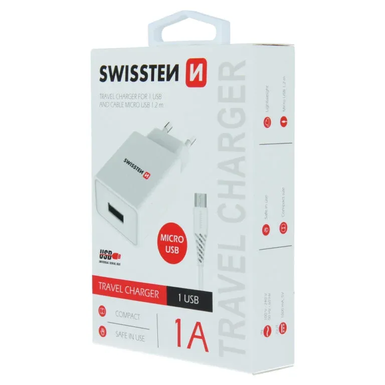 SWISSTEN TRAVEL CHARGER SMART IC, CE WITH 1x USB 1 A POWER WHITE + DATA CABLE SWISSTEN USB / MICRO USB 1,2 M WHITE