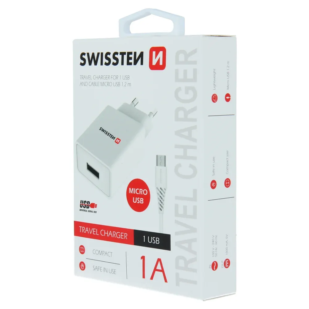 SWISSTEN TRAVEL CHARGER SMART IC, CE WITH 1x USB 1 A POWER WHITE + DATA CABLE SWISSTEN USB / MICRO USB 1,2 M WHITE
