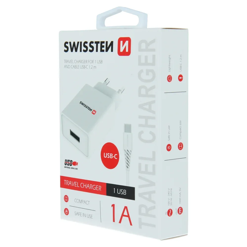 SWISSTEN TRAVEL CHARGER SMART IC, CE WITH 1x USB 1 A POWER WHITE + DATA CABLE SWISSTEN USB / TYPE C 1,2 M WHITE
