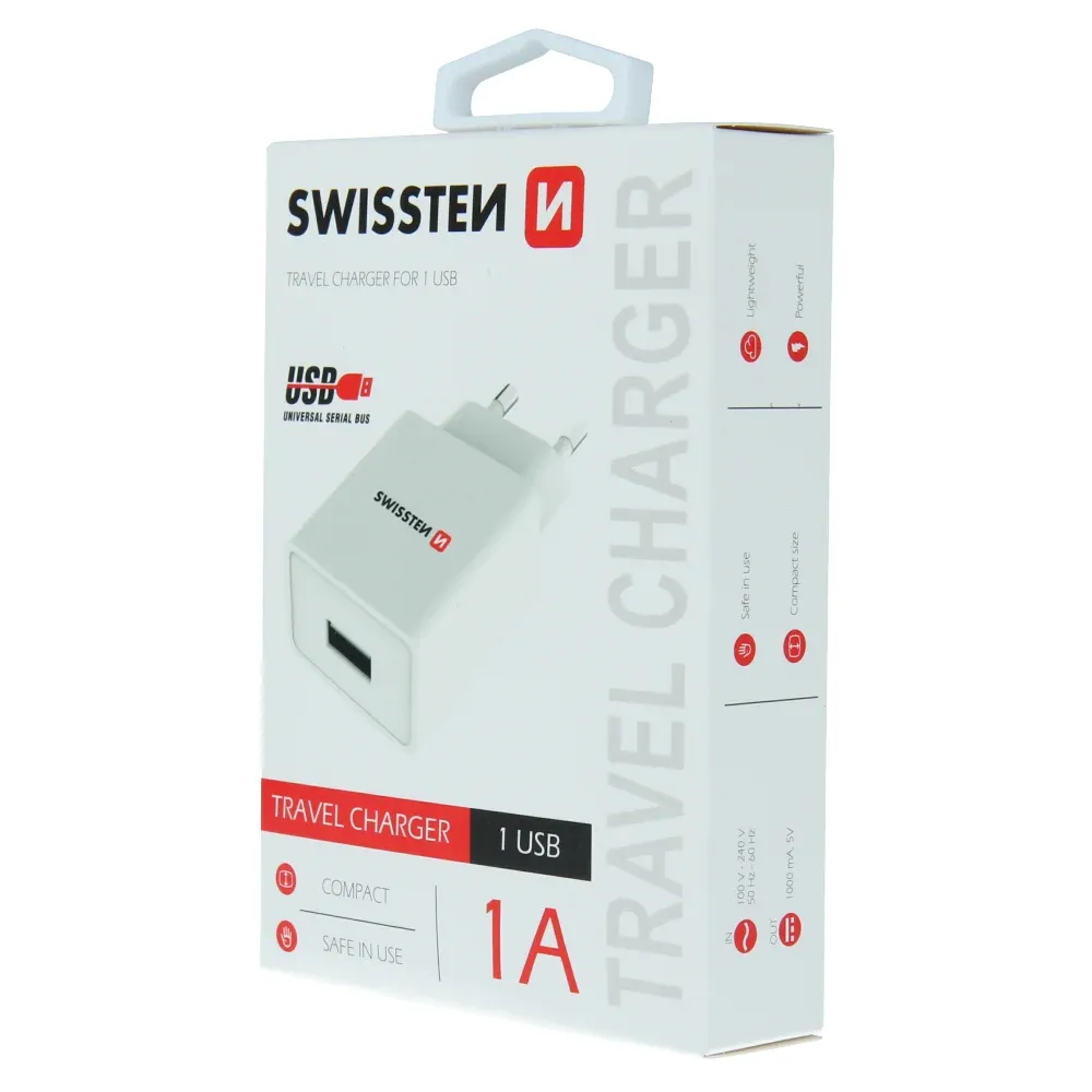 SWISSTEN TRAVEL CHARGER SMART IC, CE WITH 1x USB 1 A POWER WHITE