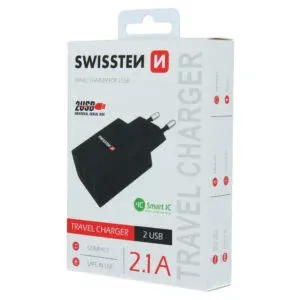 SWISSTEN TRAVEL CHARGER SMART IC, CE WITH 2x USB 2,1 A POWER BLACK