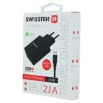 SWISSTEN TRAVEL CHARGER SMART IC, CE WITH 2x USB 2,1 A POWER BLACK + DATA CABLE SWISSTEN USB / MICRO USB 1,2 M BLACK