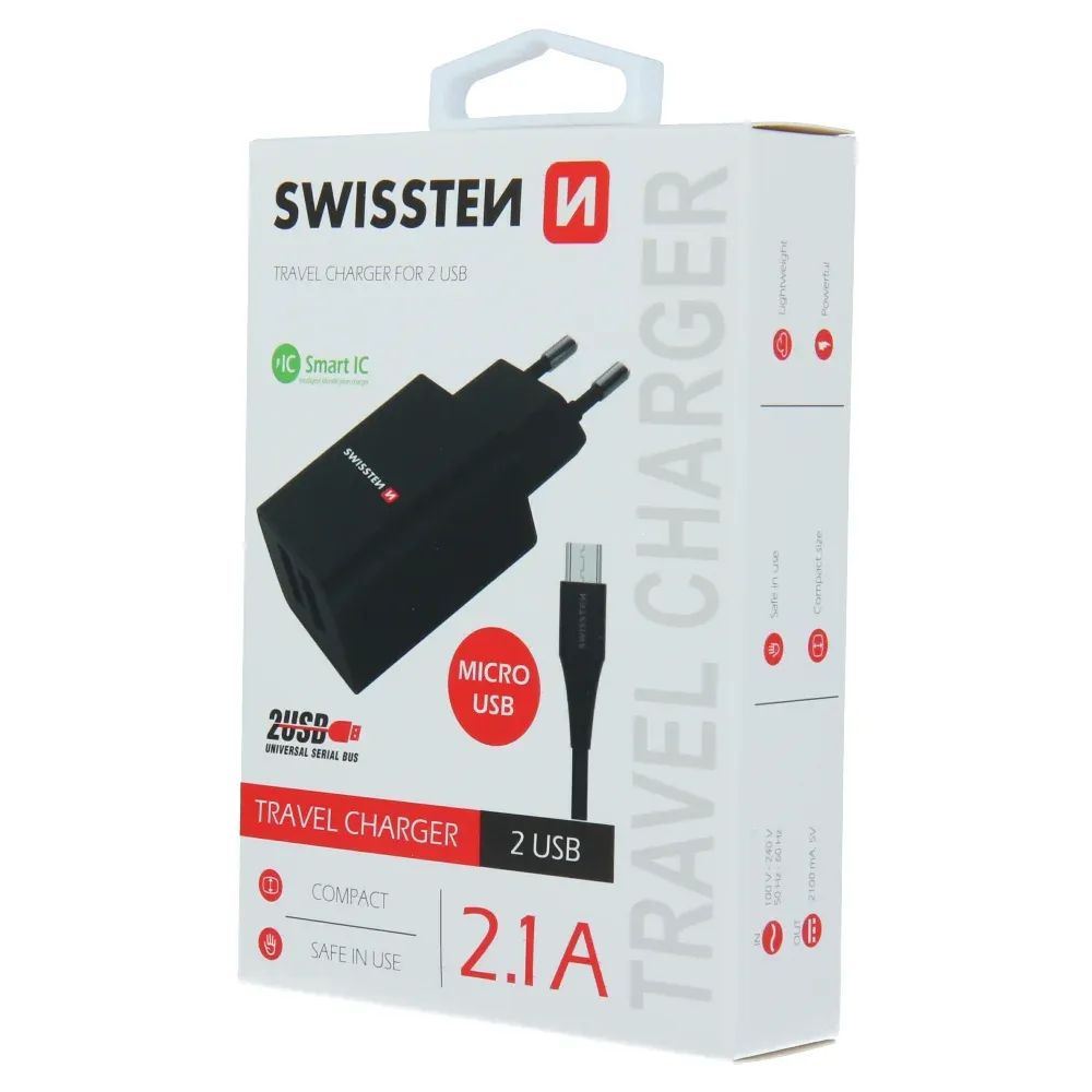 SWISSTEN TRAVEL CHARGER SMART IC, CE WITH 2x USB 2,1 A POWER BLACK + DATA CABLE SWISSTEN USB / MICRO USB 1,2 M BLACK
