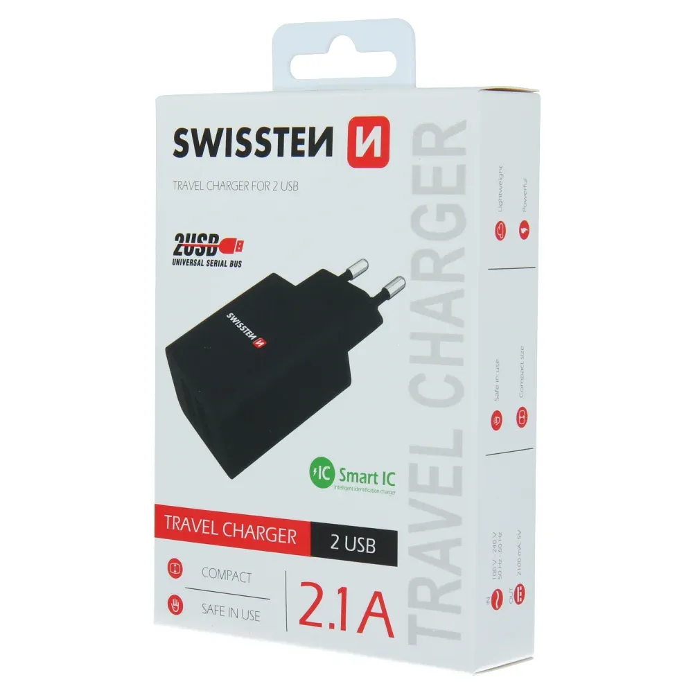SWISSTEN TRAVEL CHARGER SMART IC, CE WITH 2x USB 2,1 A POWER BLACK