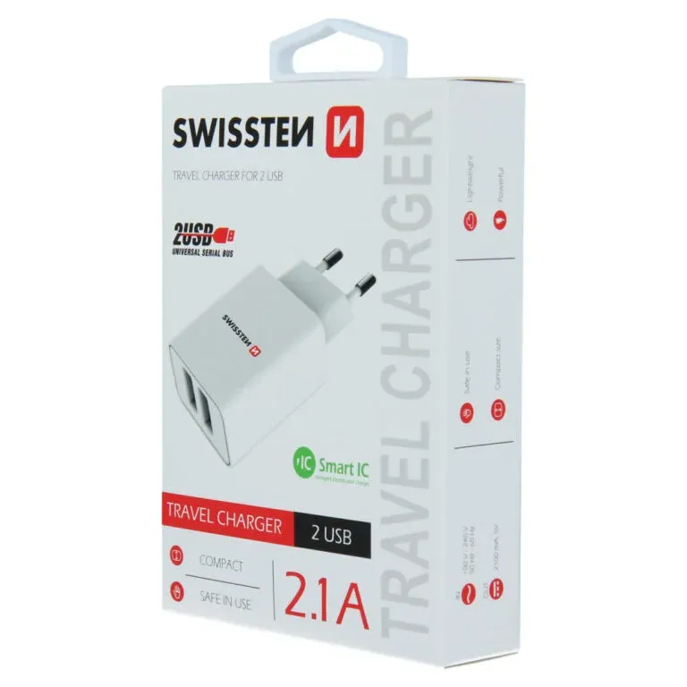 SWISSTEN TRAVEL CHARGER SMART IC, CE WITH 2x USB 2,1 A POWER WHIT