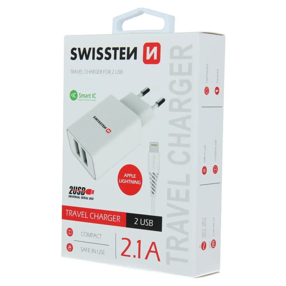 SWISSTEN TRAVEL CHARGER SMART IC, CE WITH 2x USB 2,1 A POWER WHITE + DATA CABLE SWISSTEN USB / LIGHTNING 1,2 M WHITE