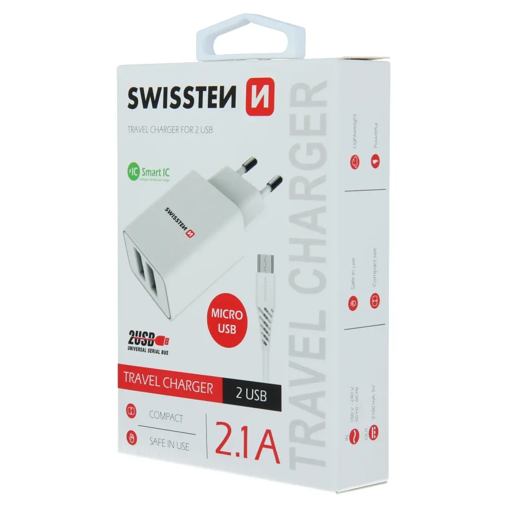 SWISSTEN TRAVEL CHARGER SMART IC, CE WITH 2x USB 2,1 A POWER WHITE + DATA CABLE SWISSTEN USB / MICRO USB 1,2 M WHITE