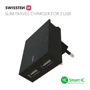 SWISSTEN TRAVEL CHARGER SMART IC, CE WITH 2x USB 3 A POWER BLACK