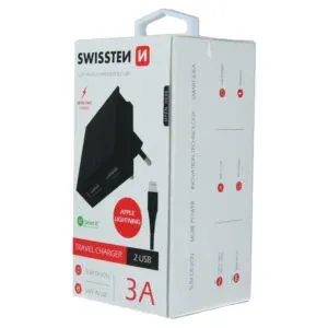 SWISSTEN TRAVEL CHARGER SMART IC, CE WITH 2x USB 3 A POWER BLACK + DATA CABLE SWISSTEN USB / LIGHTNING 1,2 M BLACK