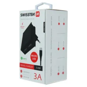 SWISSTEN TRAVEL CHARGER SMART IC, CE WITH 2x USB 3 A POWER BLACK + DATA CABLE SWISSTEN USB : MICRO USB 1,2 M BLACK