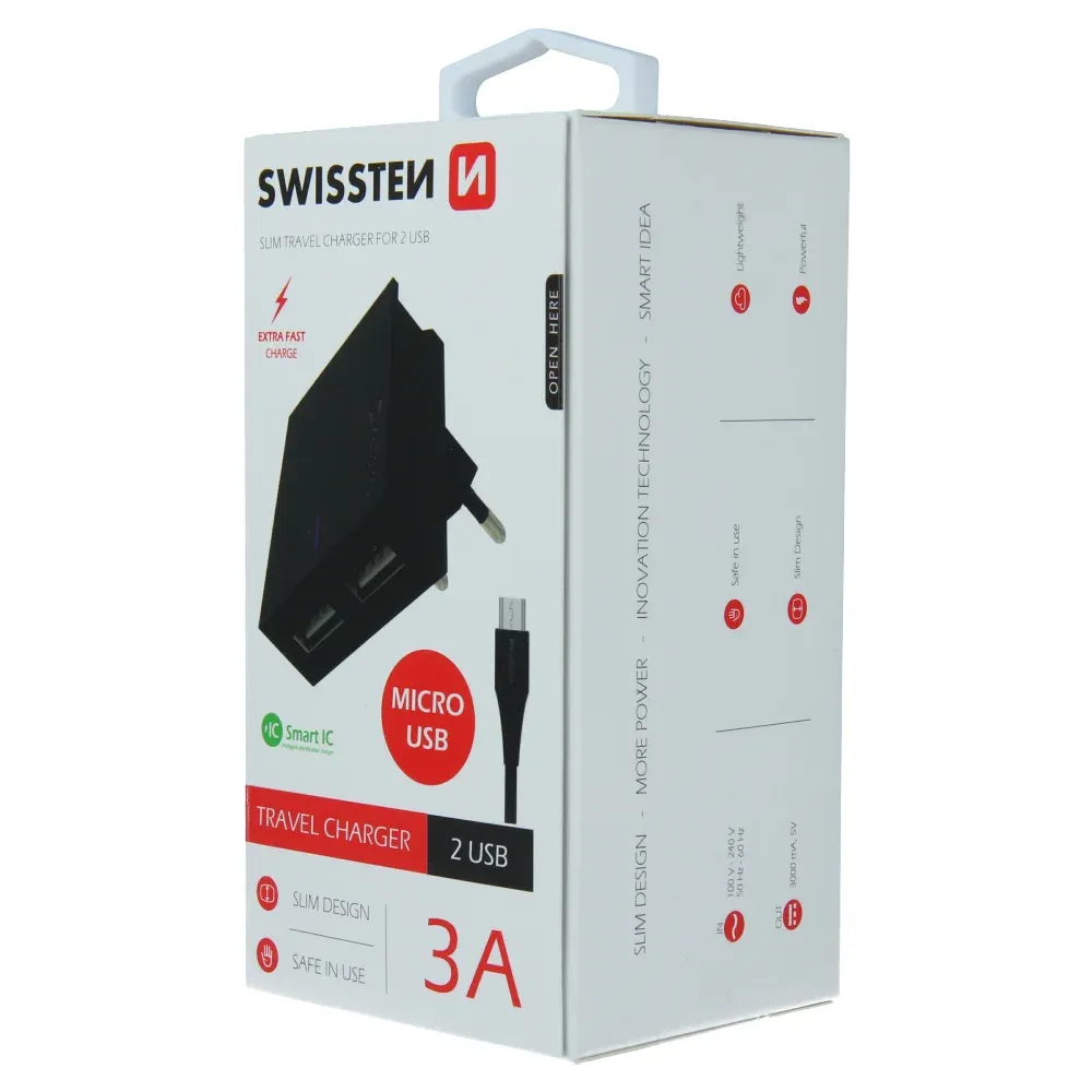SWISSTEN TRAVEL CHARGER SMART IC, CE WITH 2x USB 3 A POWER BLACK + DATA CABLE SWISSTEN USB : MICRO USB 1,2 M BLACK