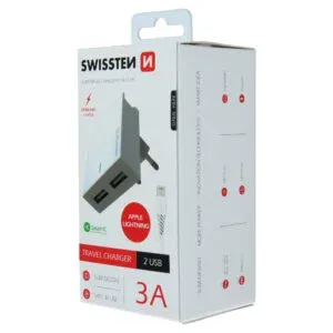 SWISSTEN TRAVEL CHARGER SMART IC, CE WITH 2x USB 3 A POWER WHITE + DATA CABLE SWISSTEN USB / LIGHTNING 1,2 M WHITE