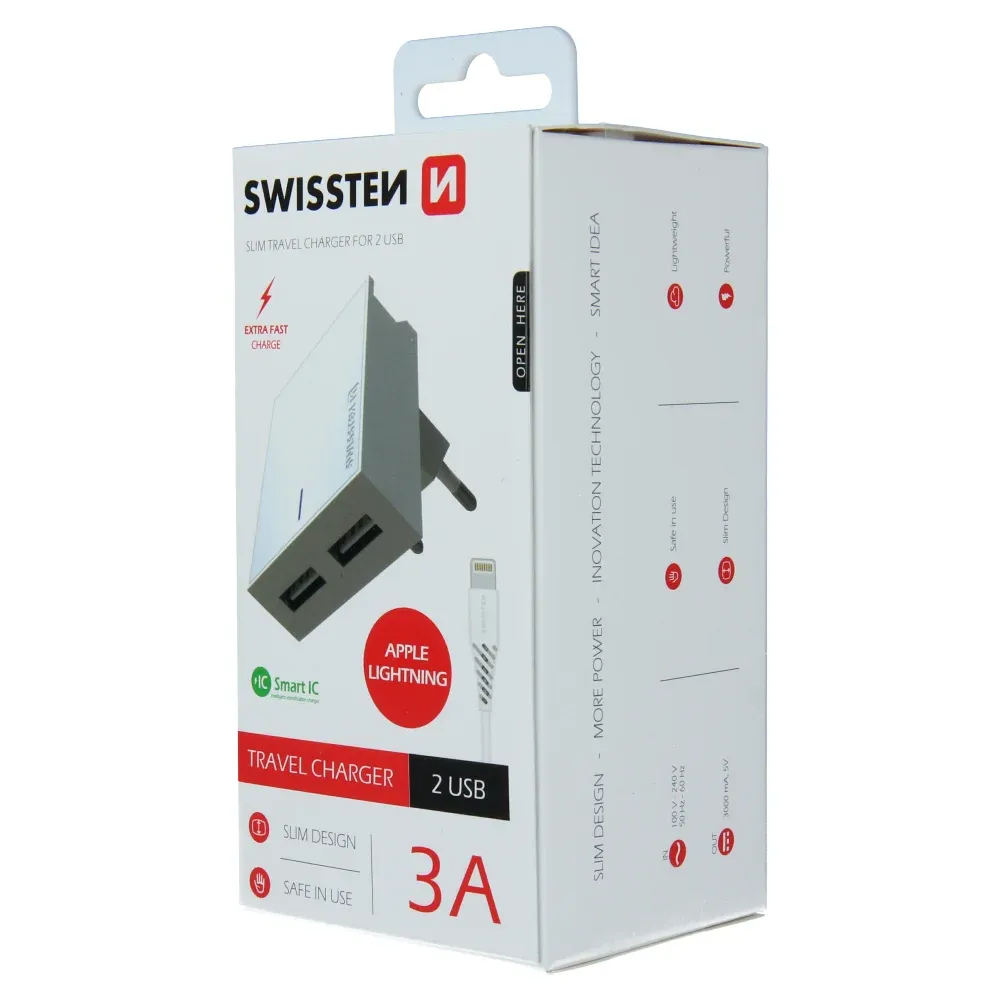 SWISSTEN TRAVEL CHARGER SMART IC, CE WITH 2x USB 3 A POWER WHITE + DATA CABLE SWISSTEN USB / LIGHTNING 1,2 M WHITE