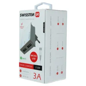 SWISSTEN TRAVEL CHARGER SMART IC, CE WITH 2x USB 3 A POWER WHITE + DATA CABLE SWISSTEN USB / MICRO USB 1,2 M WHITE